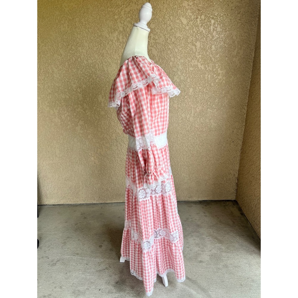 Vintage 70s Prairie Dress Pink Gingham Checkered Lace Trim Maxi Cottagecore S/M - Picture 3 of 11